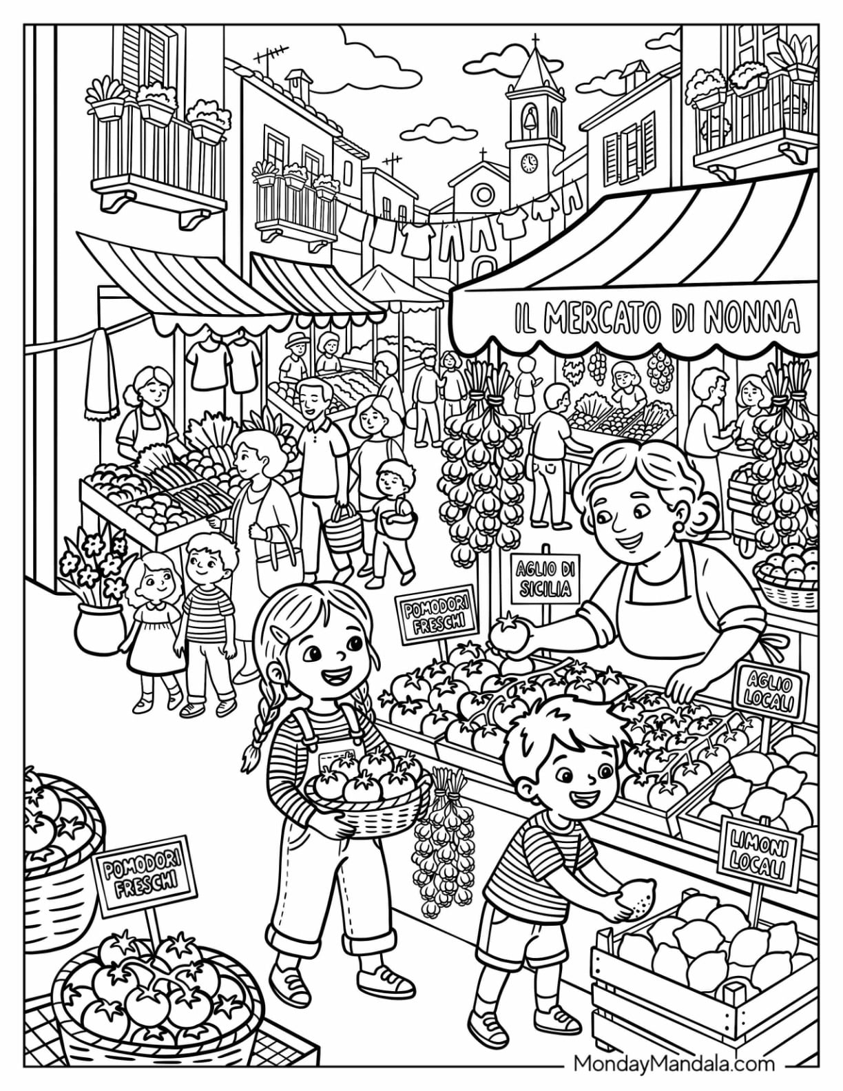 Italy Coloring Page of Market with Kids Shopping for Fresh Produce