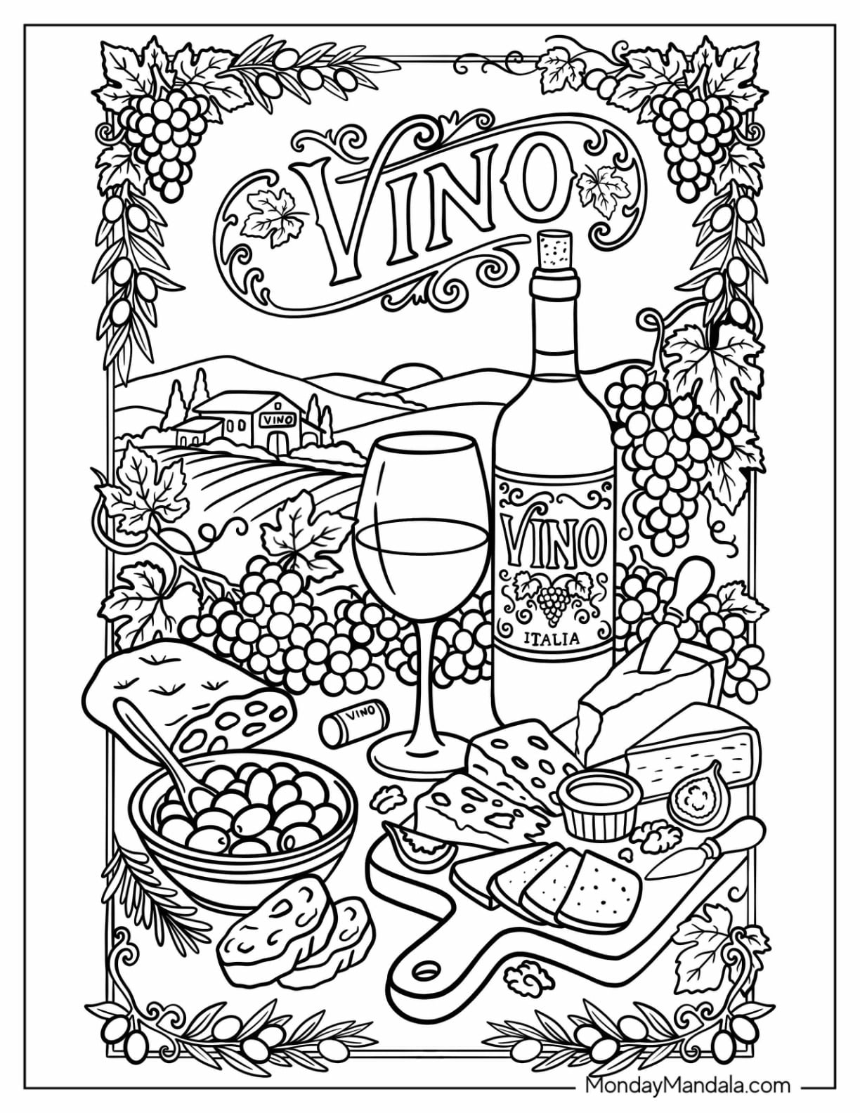 Italy Coloring Page of Italian Wine and Cheese Tasting with Vineyard Grapes