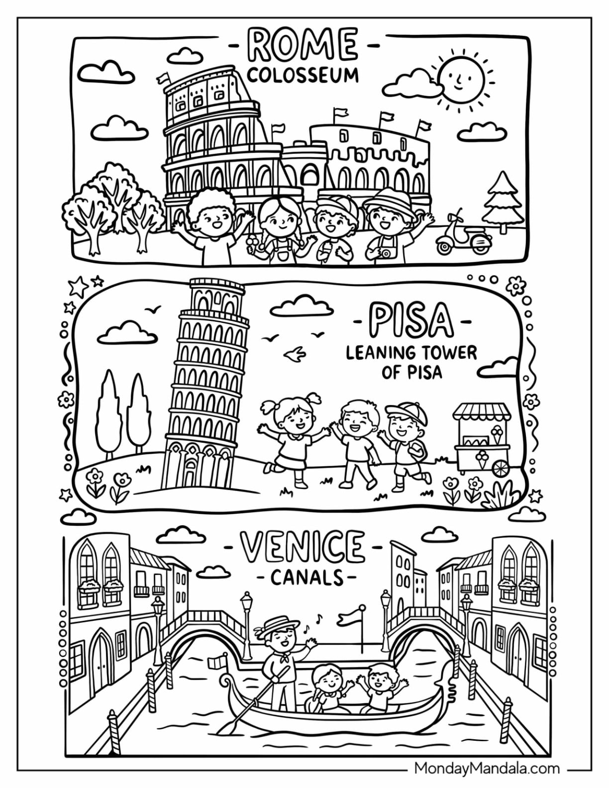 Italy Coloring Page of Landmarks Collection with Rome, Pisa, and Venice