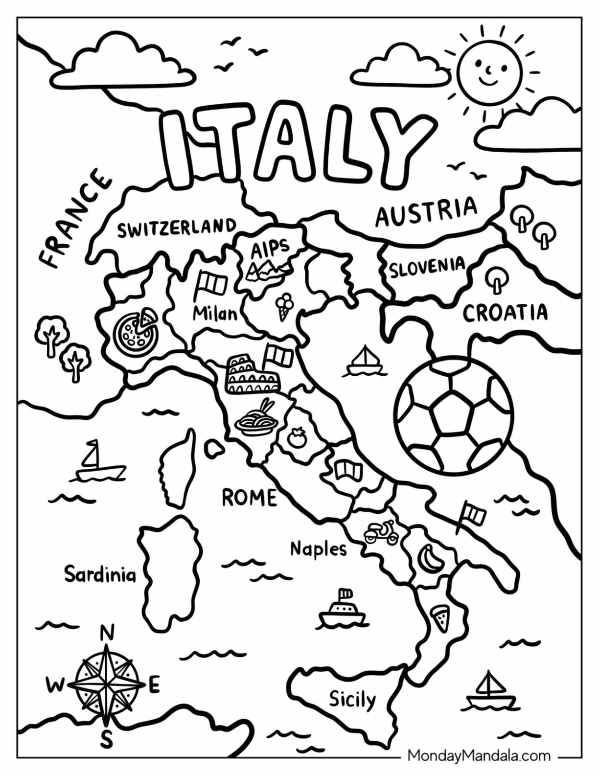 Italy Coloring Page of Map with Famous Cities and Landmarks