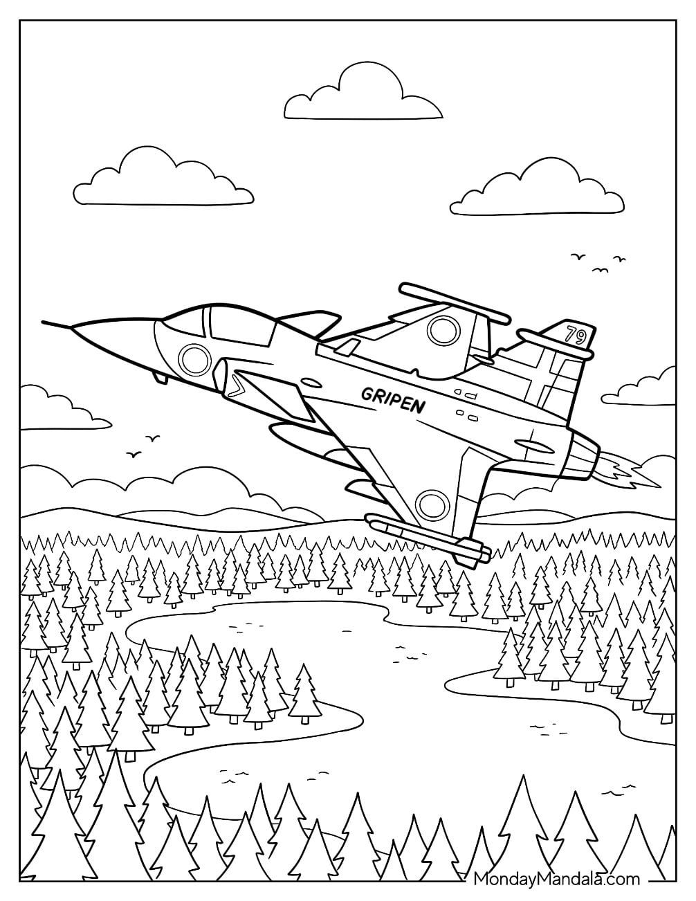 JAS 39 Gripen Fighter Jet Flying Over a Forest Coloring Page