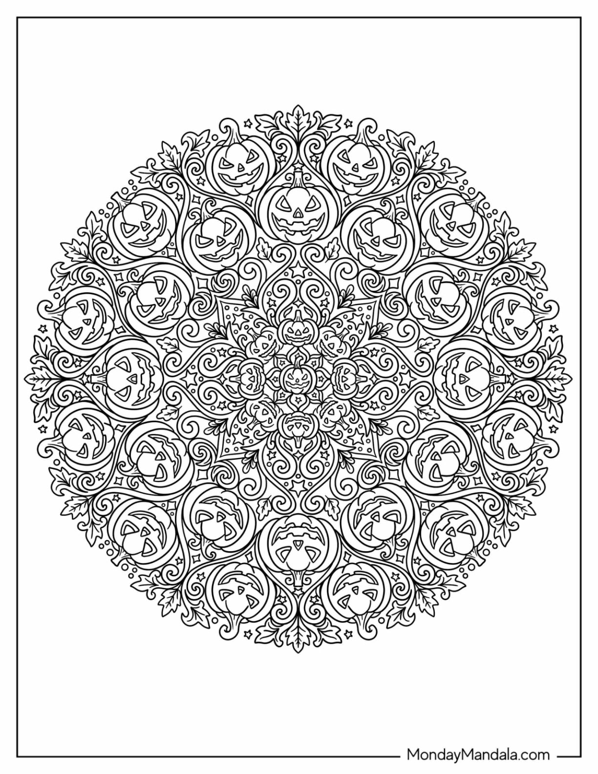 Jack O’ Lantern Faces Halloween Mandala Coloring Page