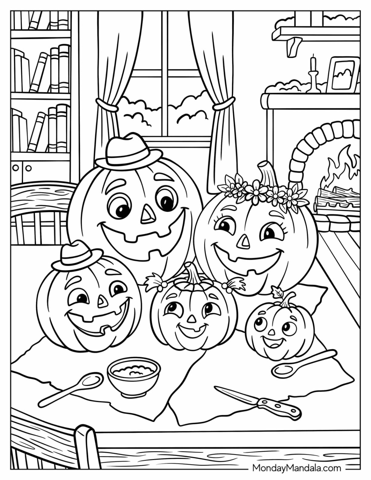 Jack O’ Lantern Family Carving Pumpkins by the Fireplace Coloring Sheet