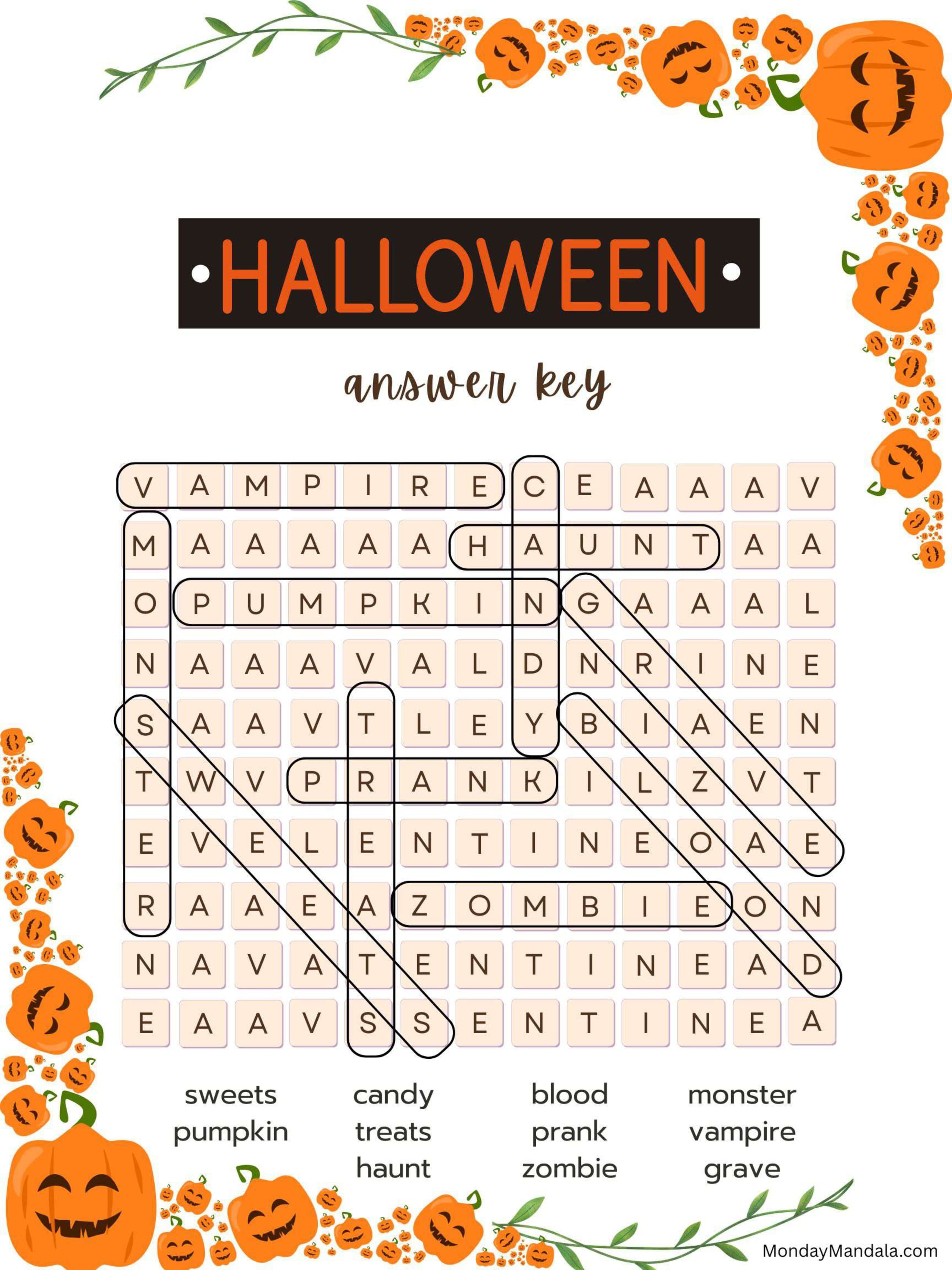 Jack O Lantern Halloween Word Search Answer Key