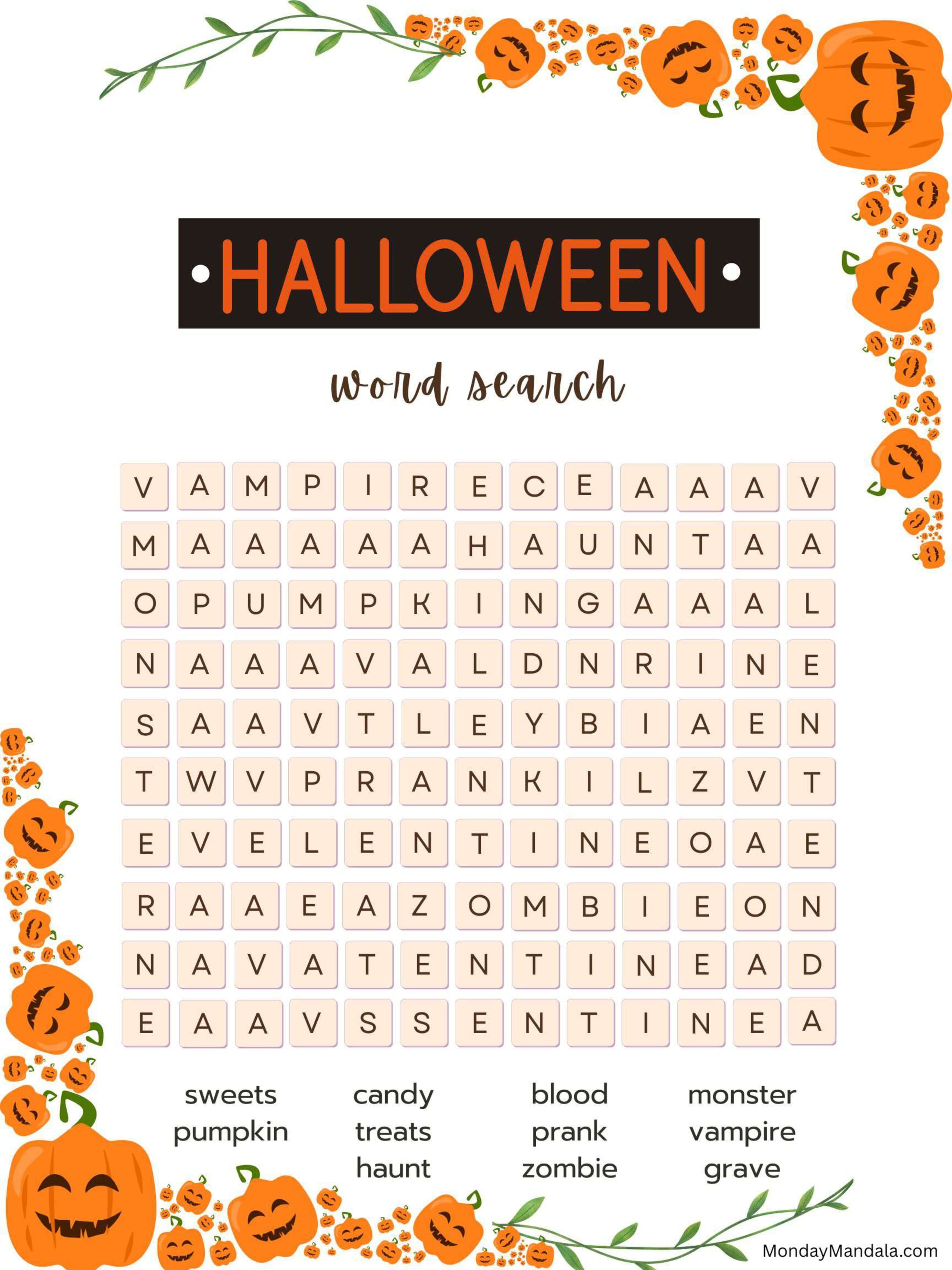 Jack O Lantern Halloween Word Search