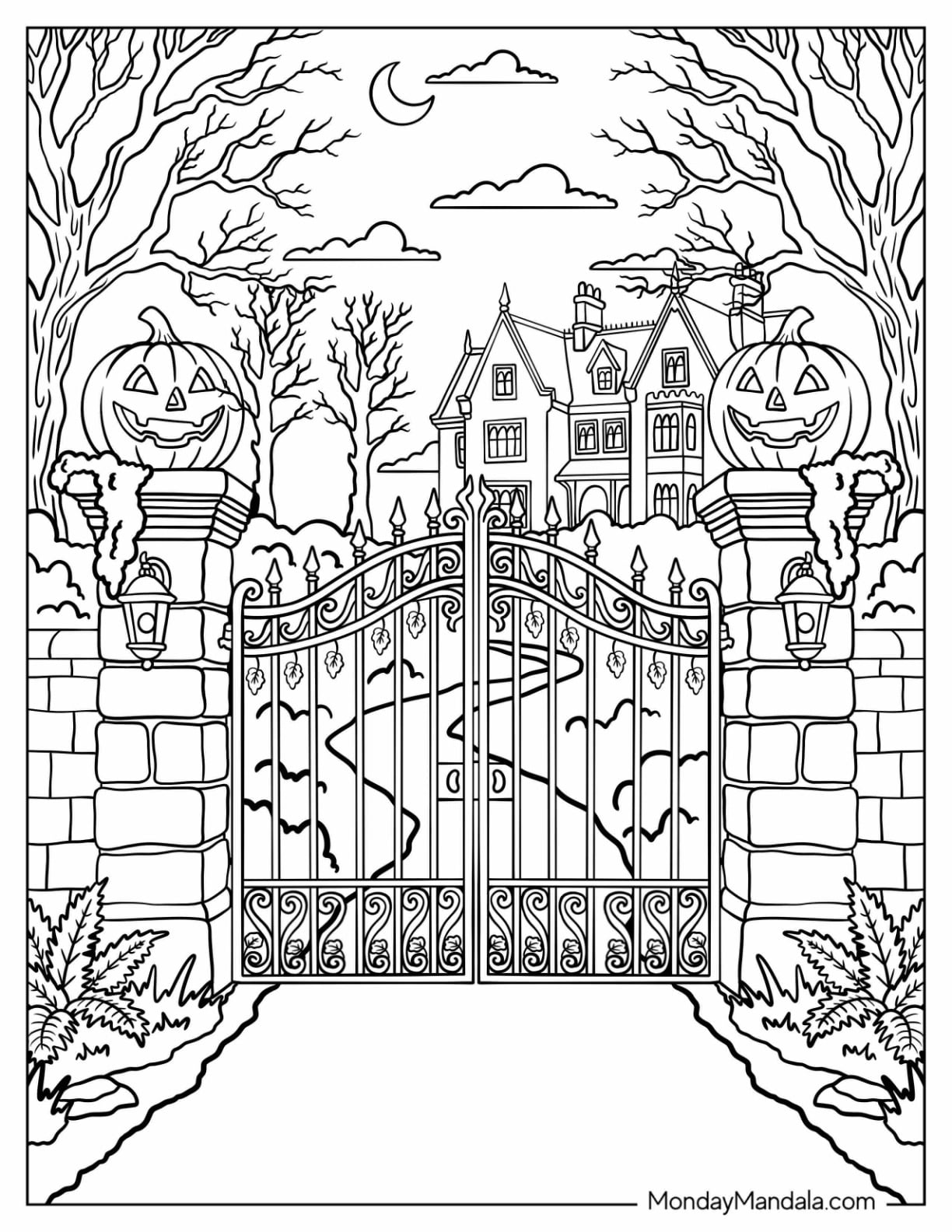Jack O’ Lantern Statues Guarding a Haunted Mansion Gate Coloring Page
