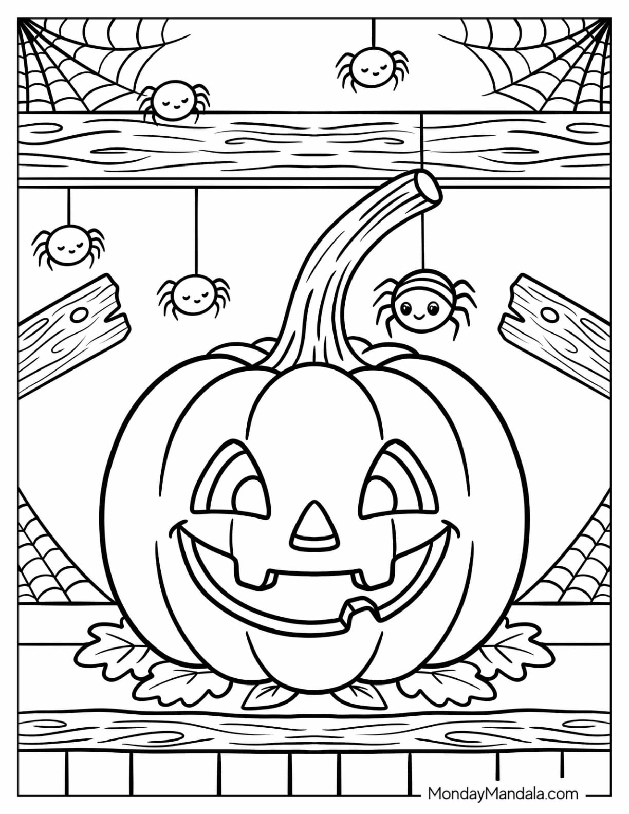 Jack O’ Lantern Surrounded by Smiling Spiders and Cobwebs Coloring Page for Kids
