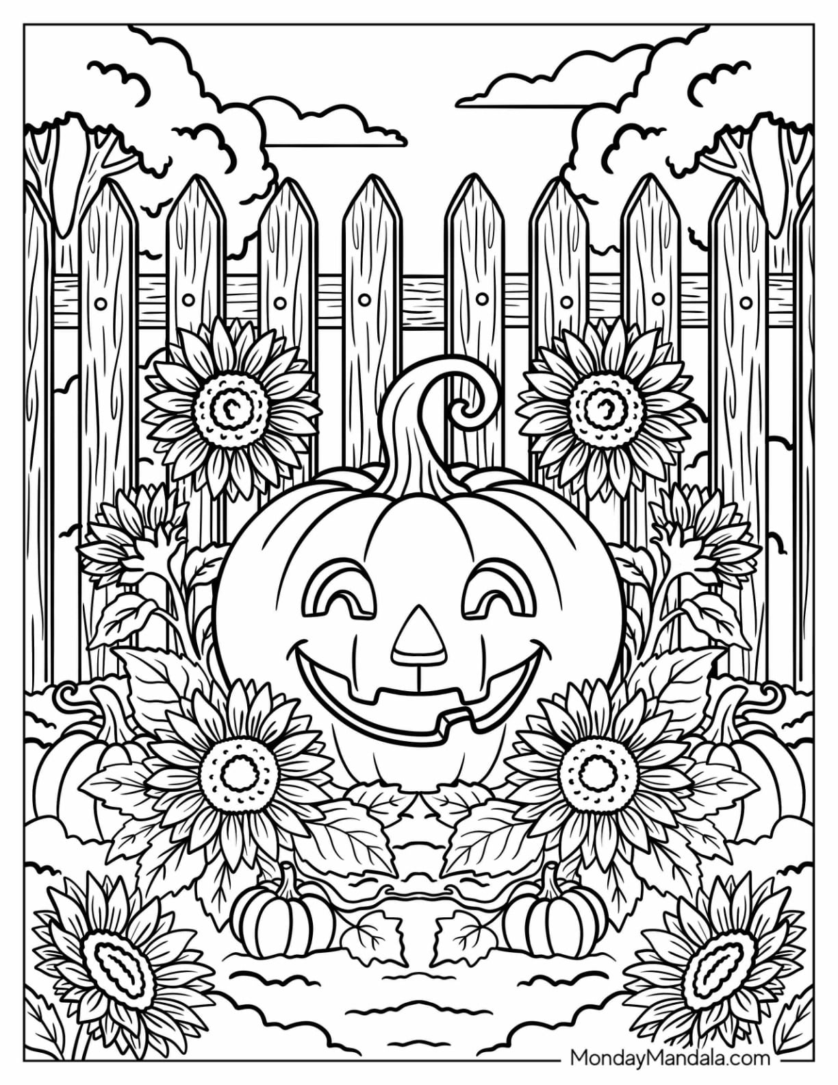 Jack O’ Lantern Surrounded by Sunflowers in a Fall Garden