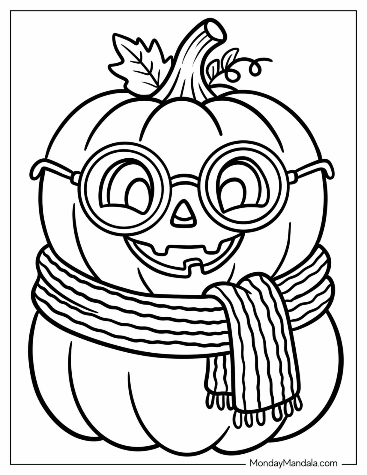 Jack O’ Lantern Wearing Round Glasses and a Cozy Scarf Coloring Sheet for Kids