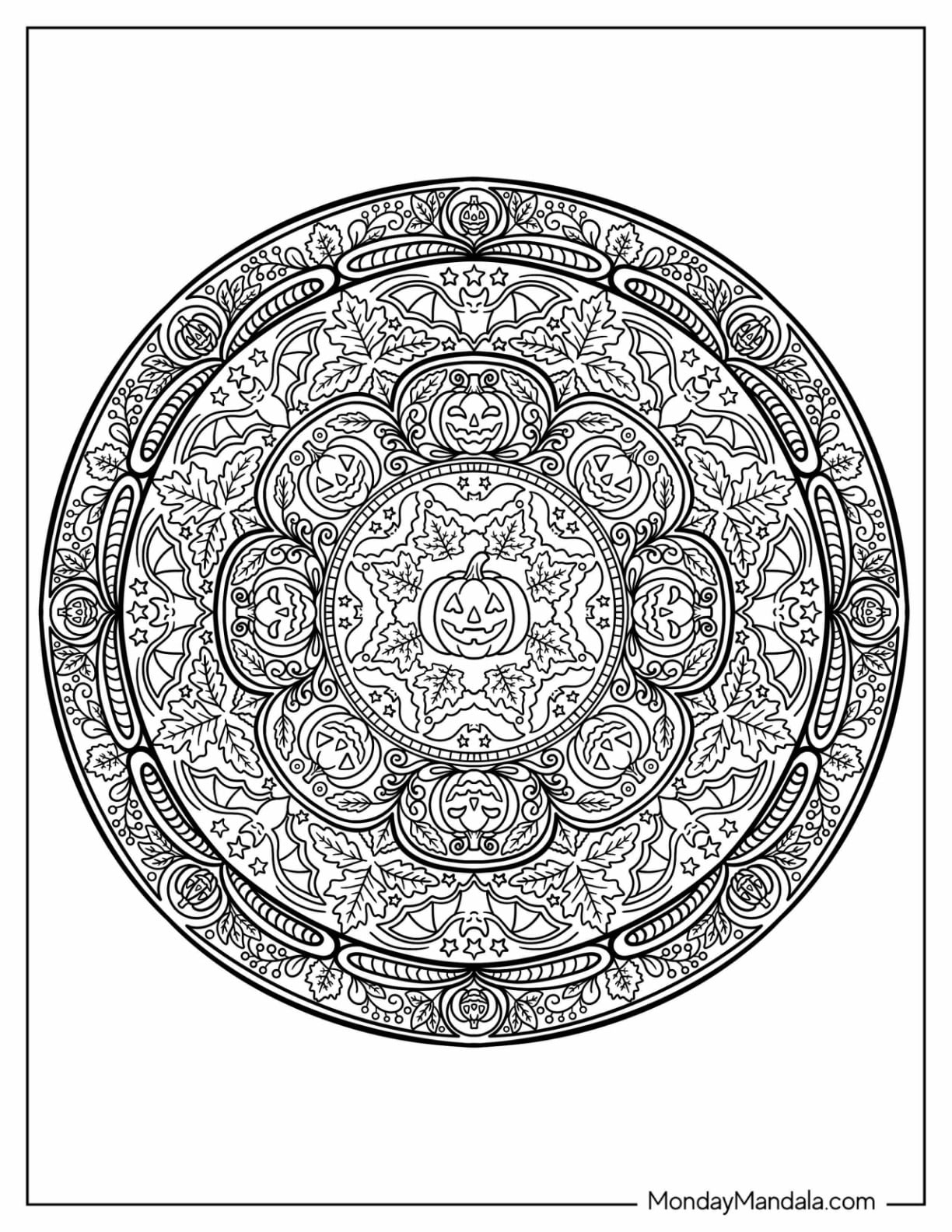 Jack O’ Lantern and Autumn Leaves Halloween Mandala Coloring Page