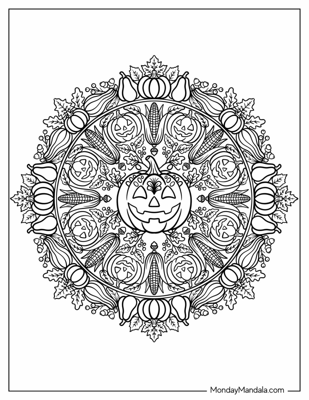 Jack O’ Lantern and Harvest Vegetables Halloween Mandala Coloring Page