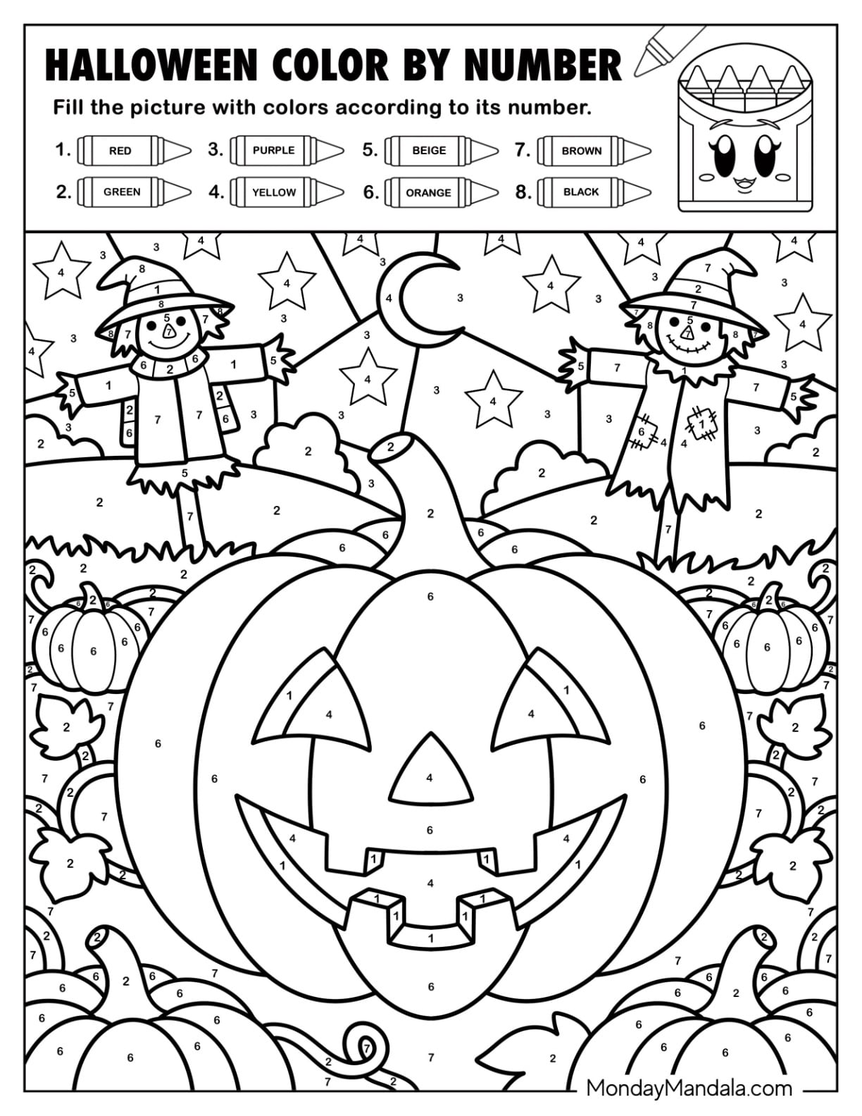 Jack O Lantern with Scarecrows Halloween Color by Number