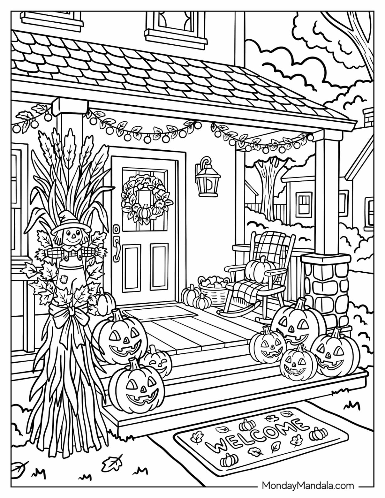 Jack O’ Lanterns Decorating a Fall Front Porch Coloring Page