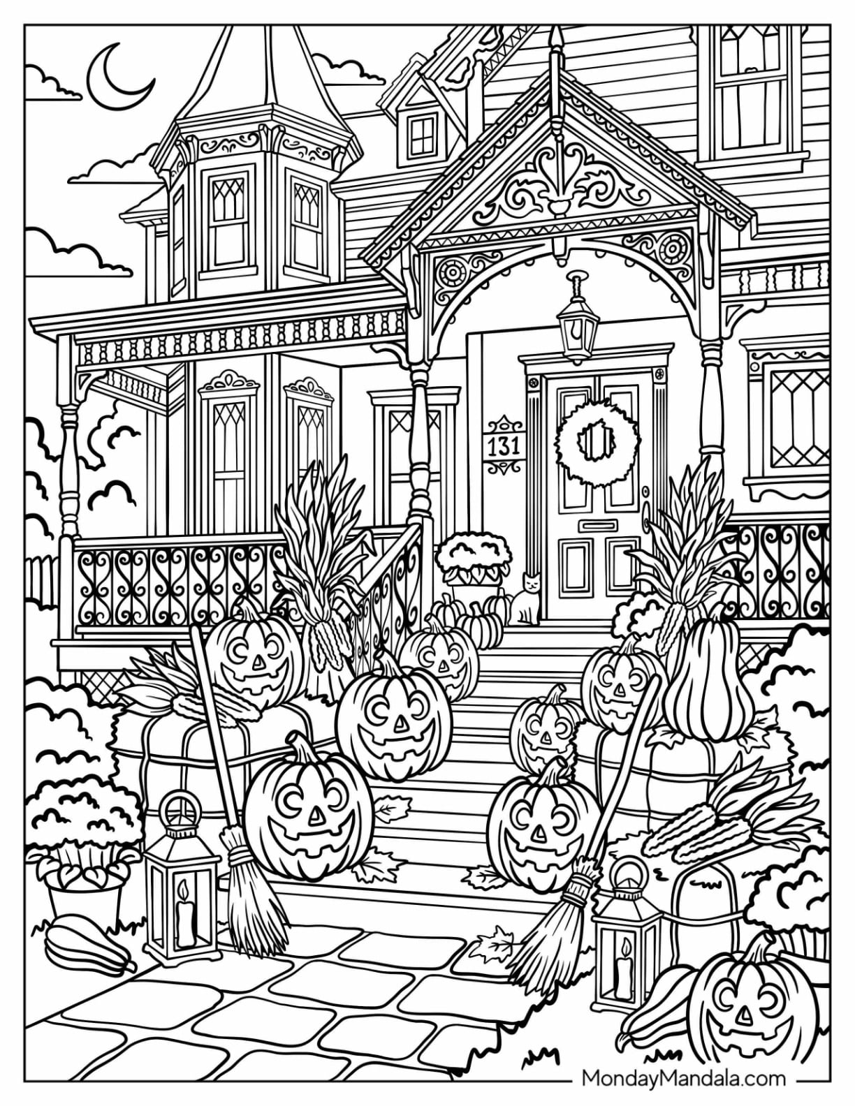 Jack O’ Lanterns Decorating a Victorian House for Halloween Coloring Sheet