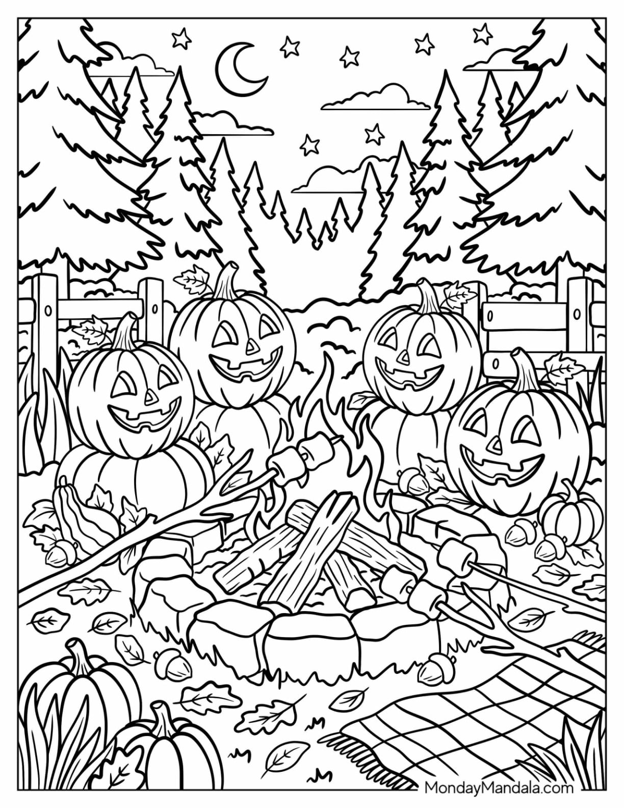 Jack O’ Lanterns Roasting Marshmallows Around a Forest Campfire Coloring Sheet