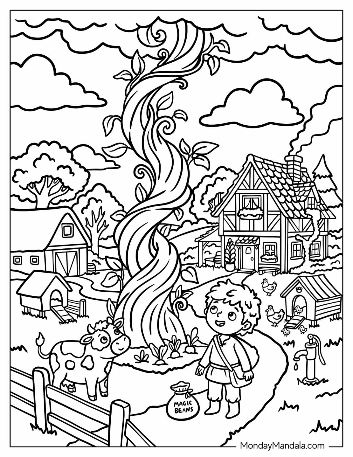 Jack Watching a Giant Beanstalk Grow on the Farm Coloring Sheet
