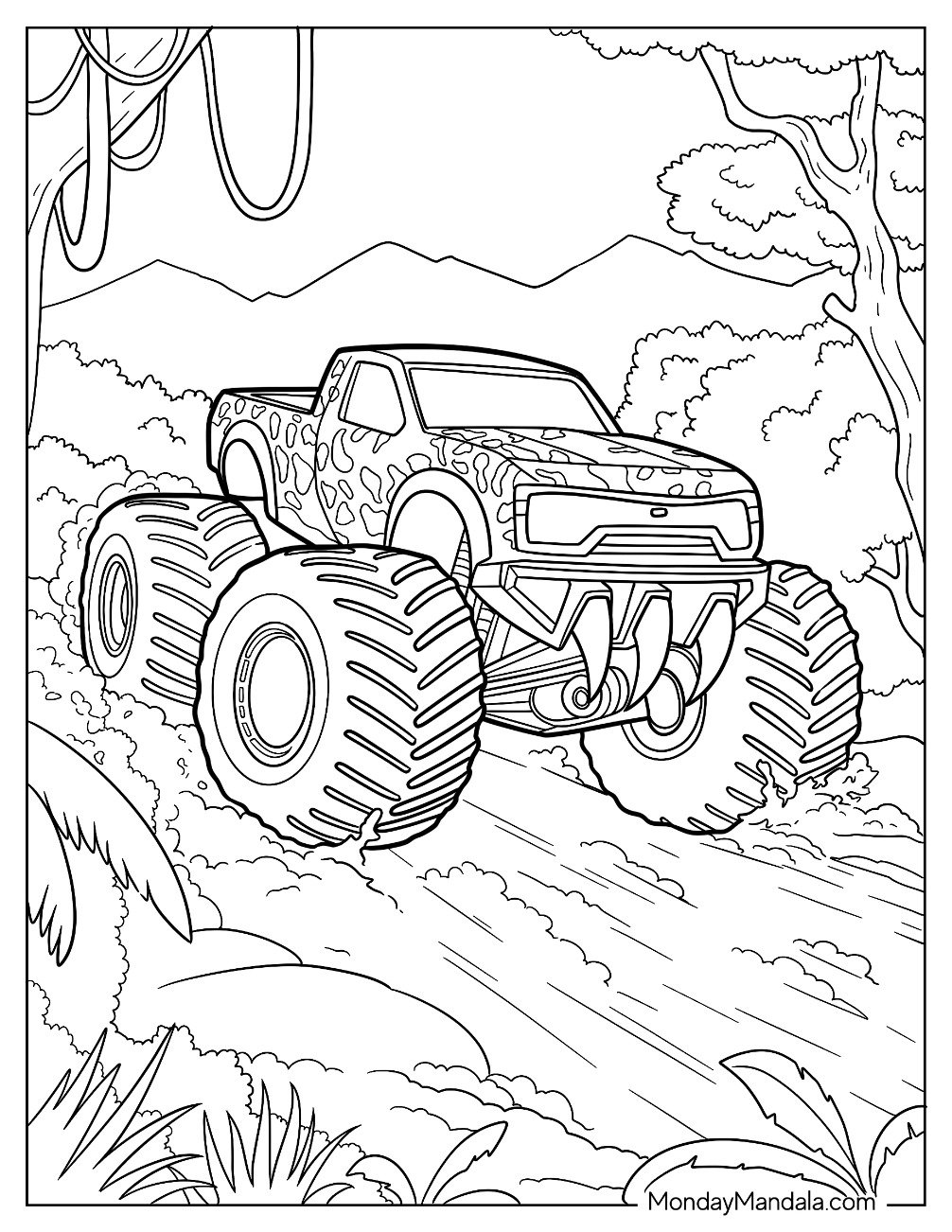 Jaguar Printed Monster Truck Coloring Page On Rocky Terrain
