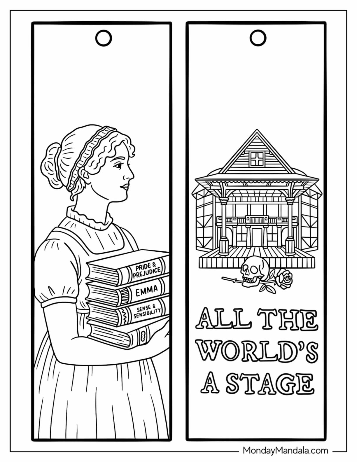 Jane Austen Books and Shakespeare’s Globe Theater Bookmark Coloring Page