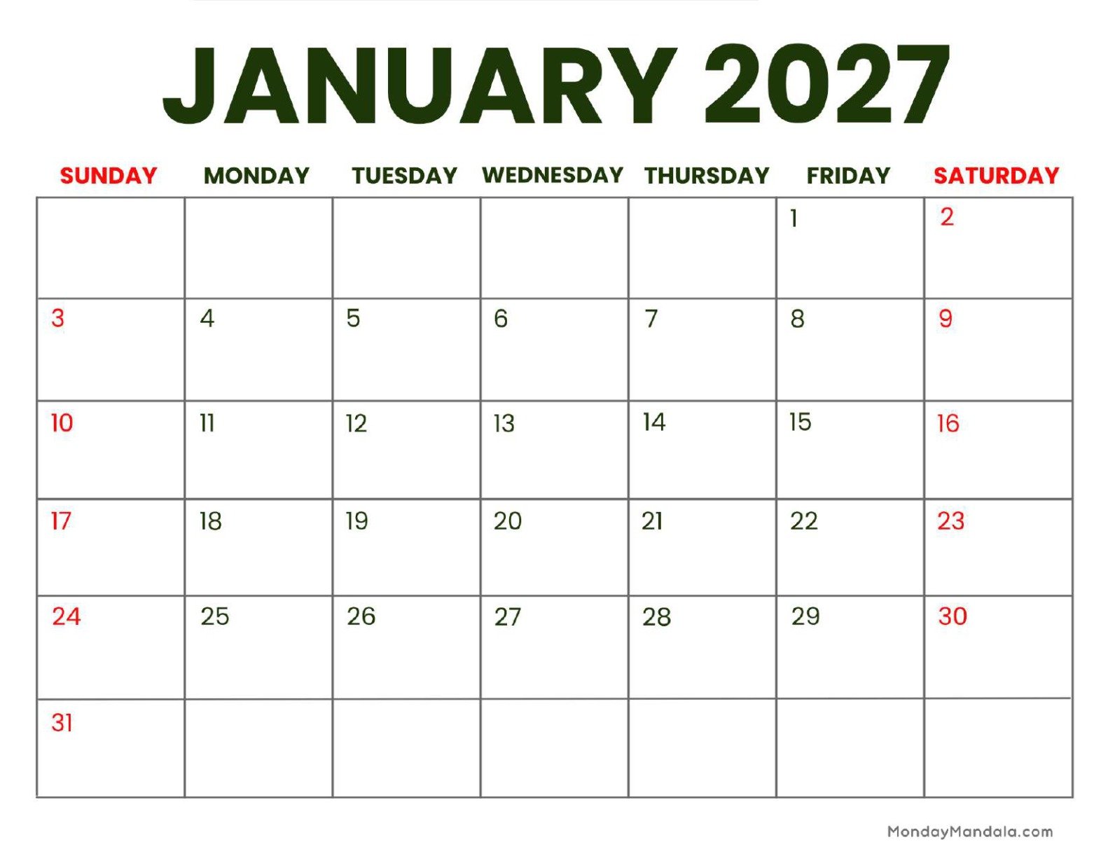 January 2027 Calendar Printable Business Landscape