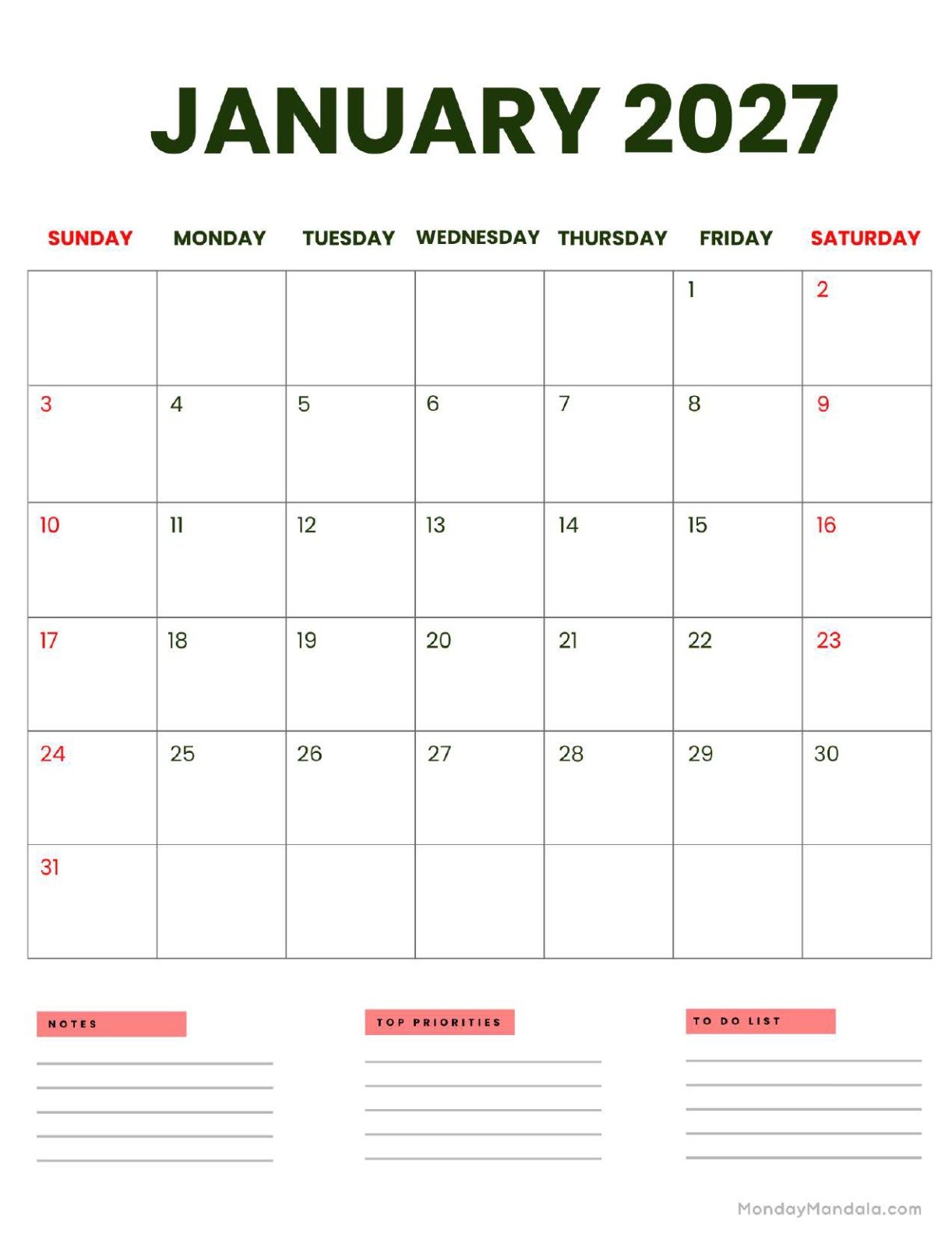 January 2027 Calendar Printable Business Portrait