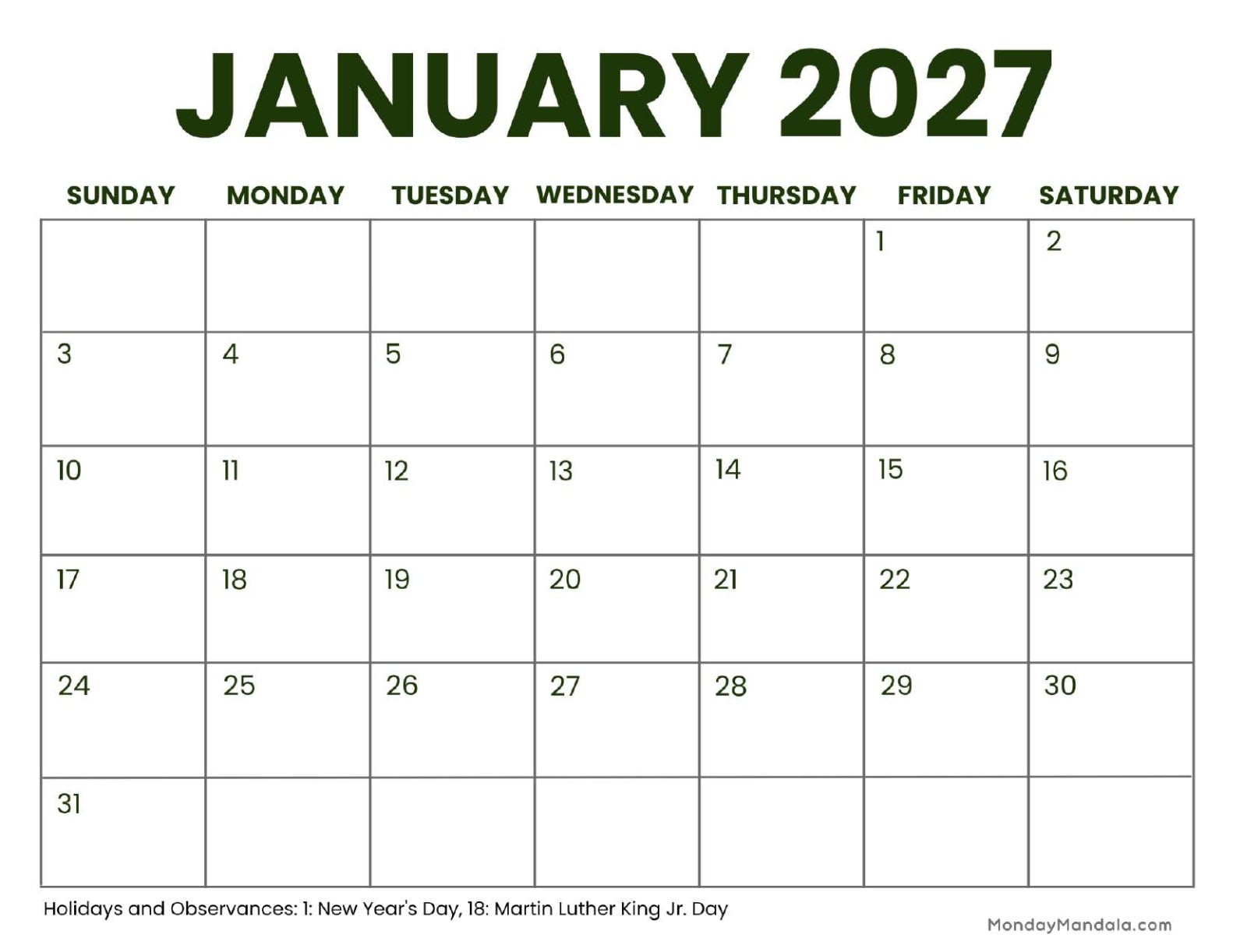January 2027 Calendar Printable Business2 Landscape