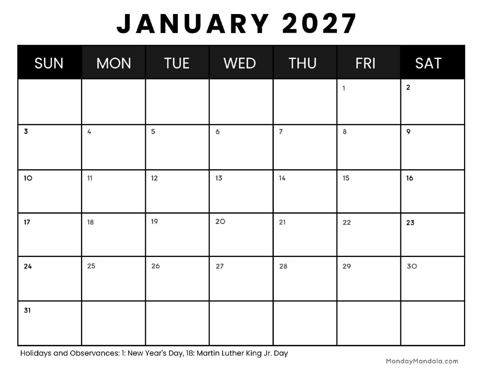 January 2027 Calendar Printable Business4 Landscape