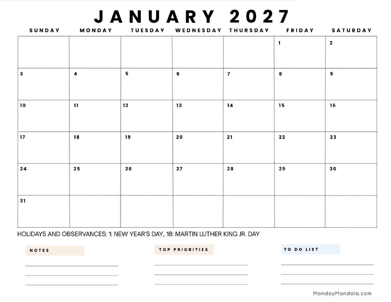 January 2027 Calendar Printable Business5 Landscape