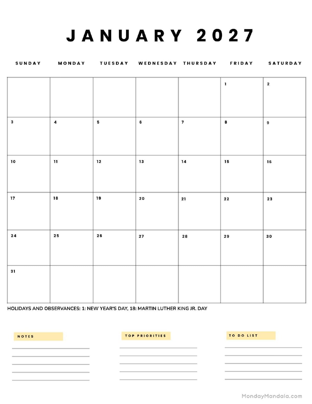 January 2027 Calendar Printable Business5 Portrait