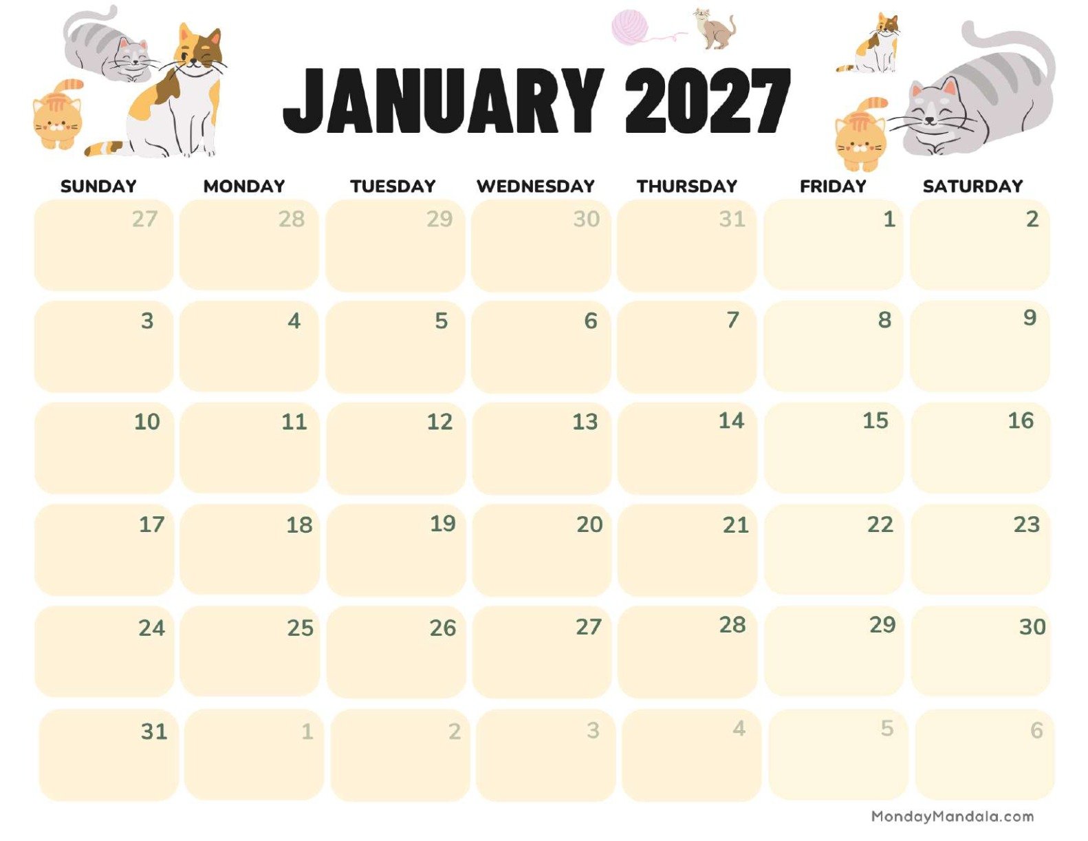January 2027 Calendar Printable Cats Landscape