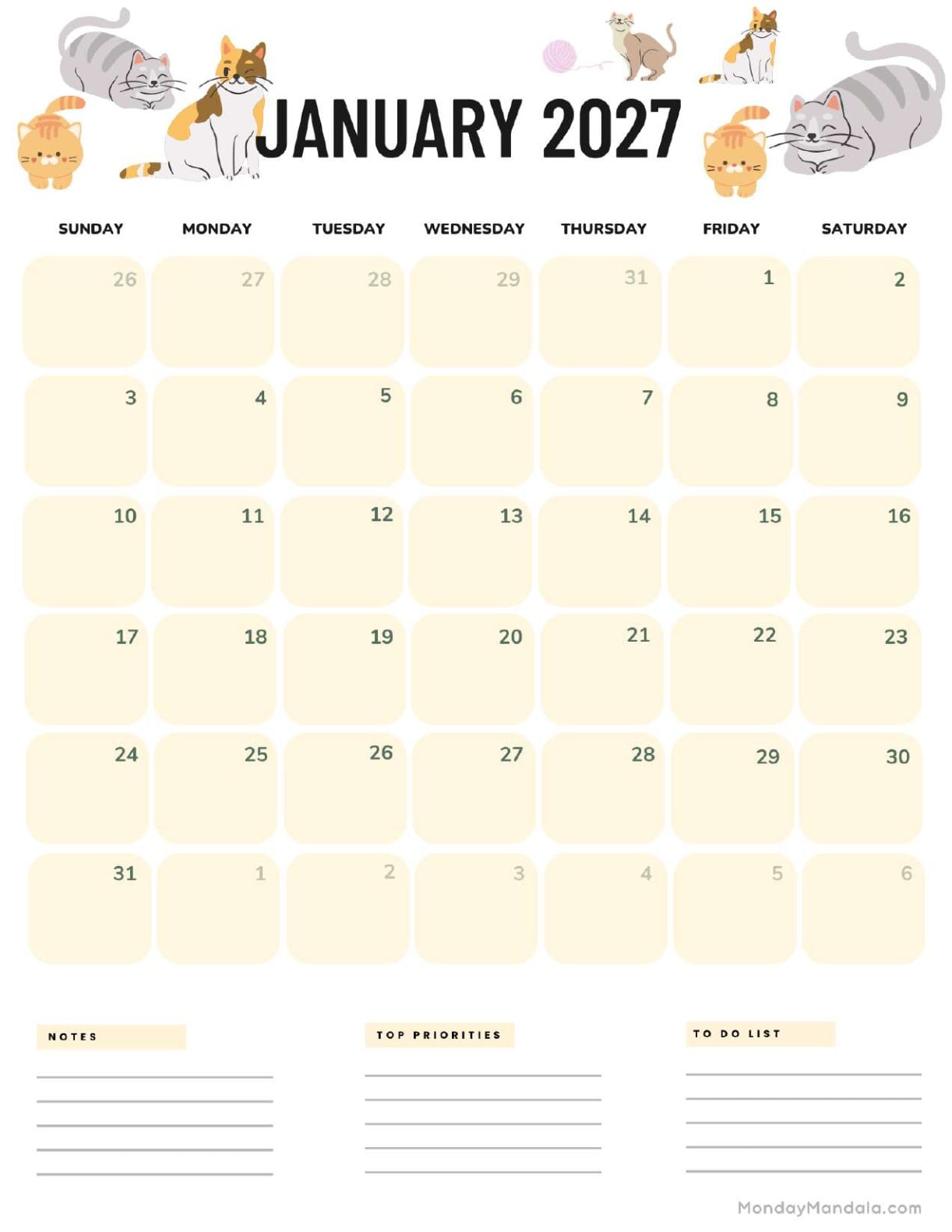 January 2027 Calendar Printable Cats Portrait