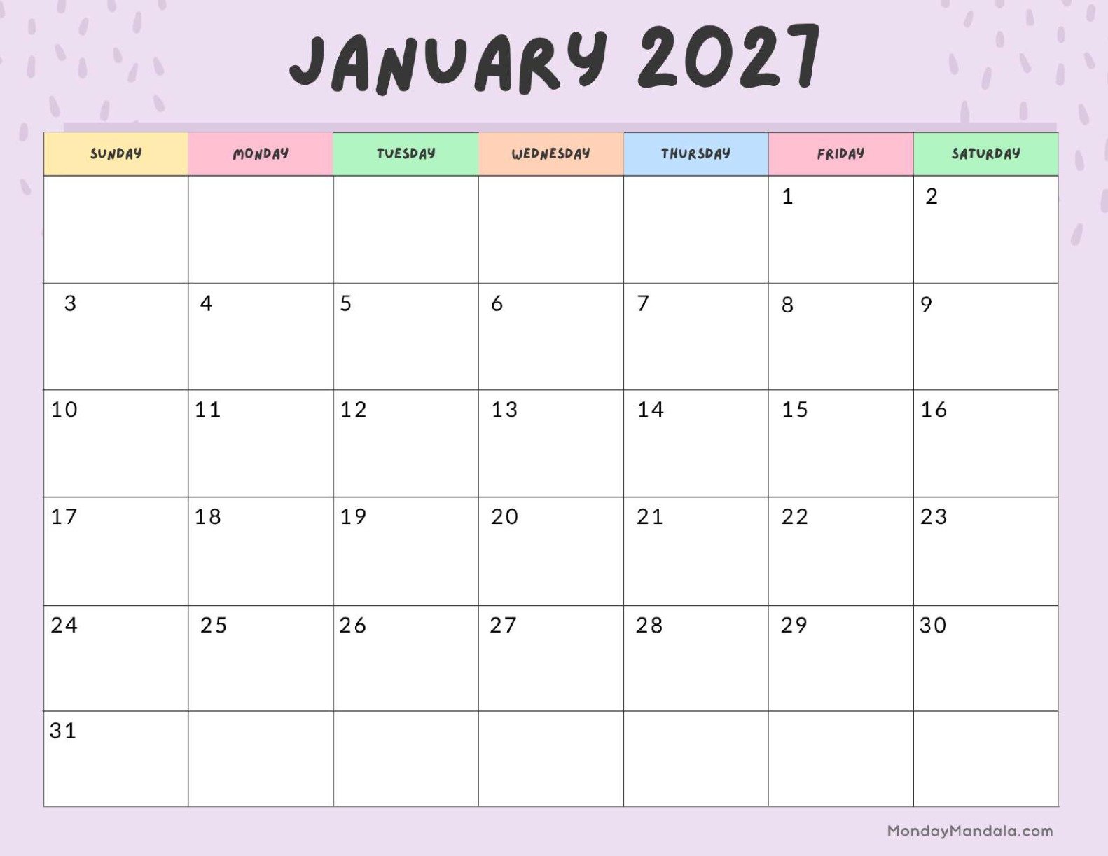 January 2027 Calendar Printable Colorful Landscape