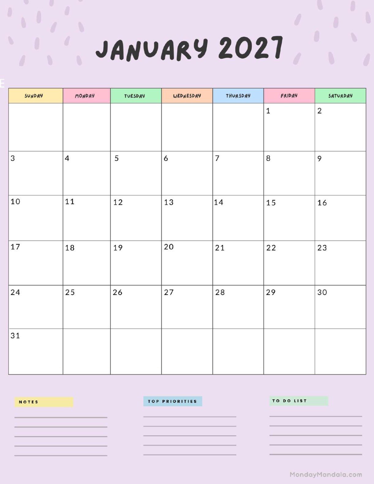 January 2027 Calendar Printable Colorful Portrait