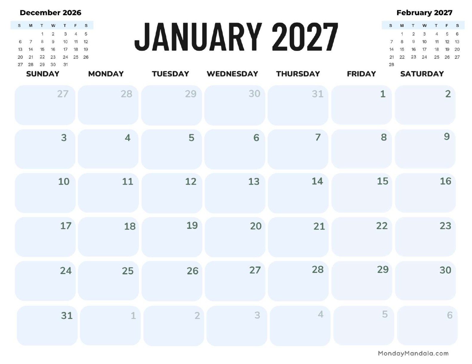 January 2027 Calendar Printable Corporate Landscape