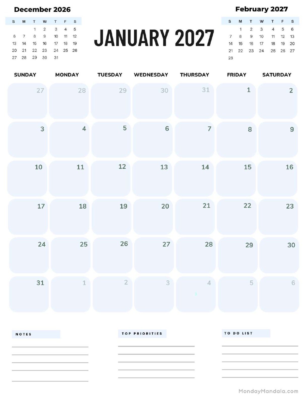 January 2027 Calendar Printable Corporate Portrait