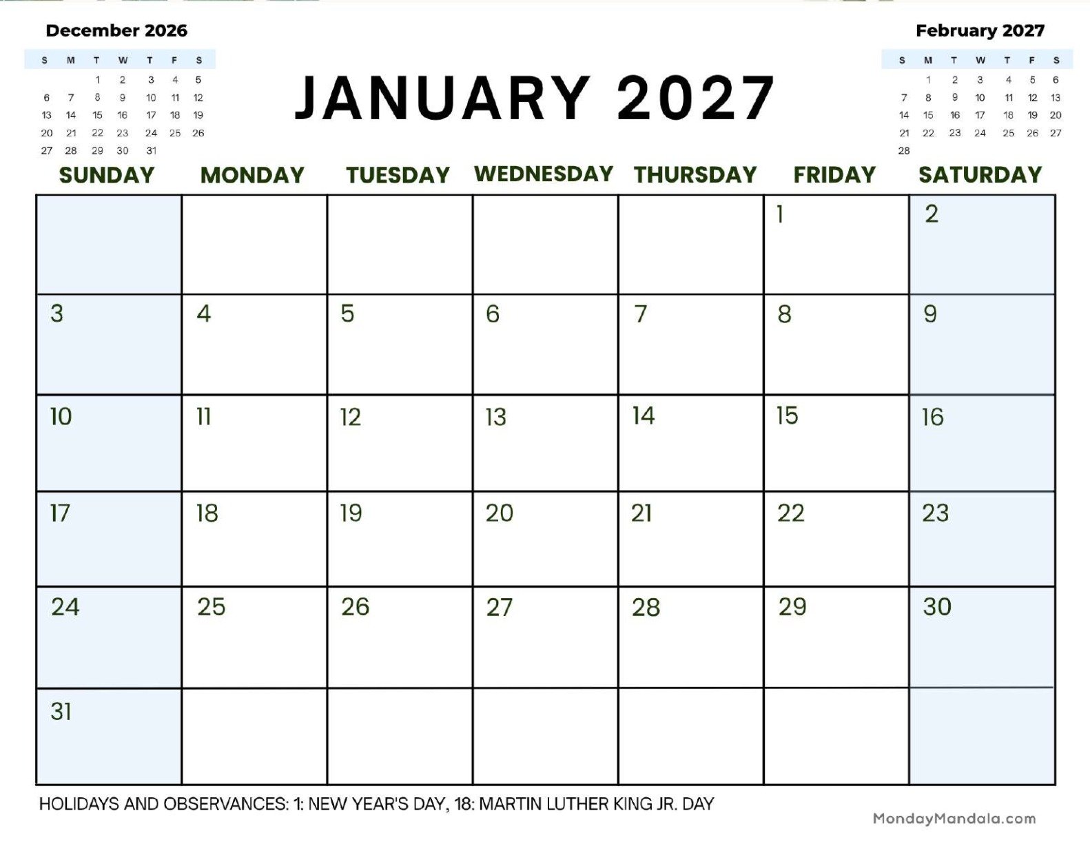 January 2027 Calendar Printable Corporate2 Landscape