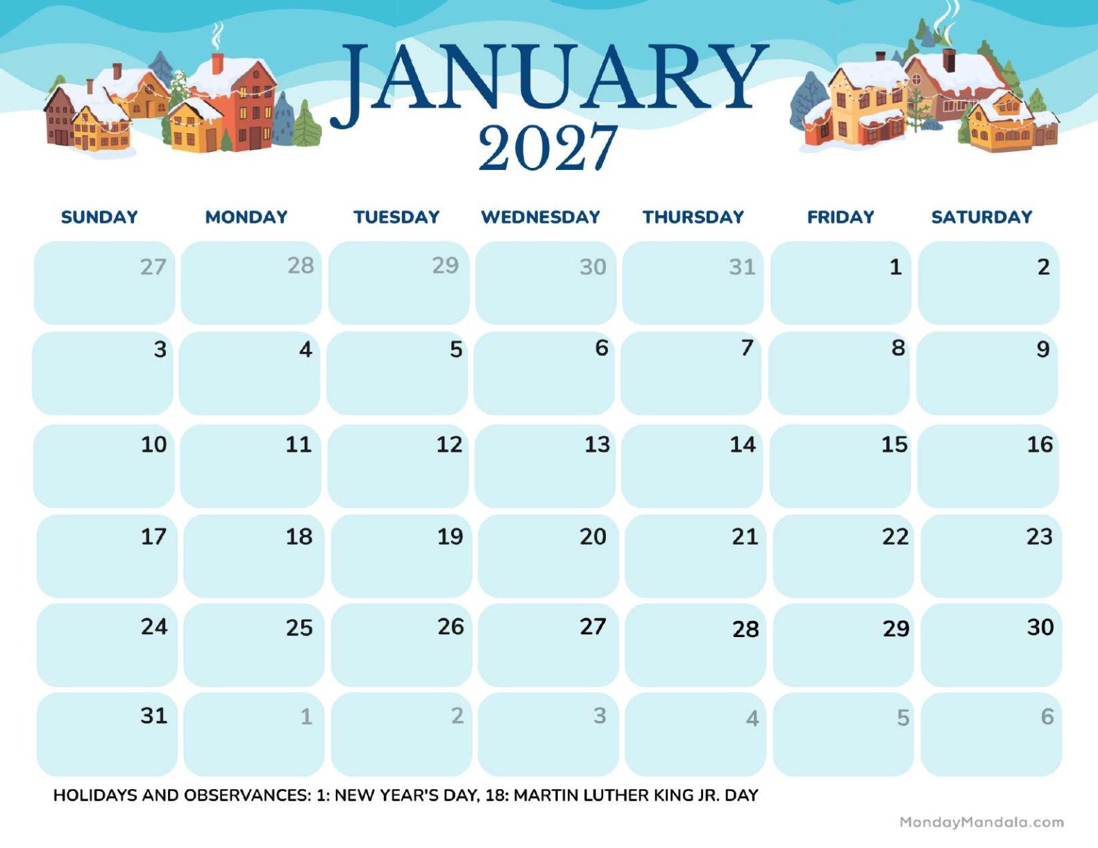 January 2027 Calendar Printable Cottage Landscape