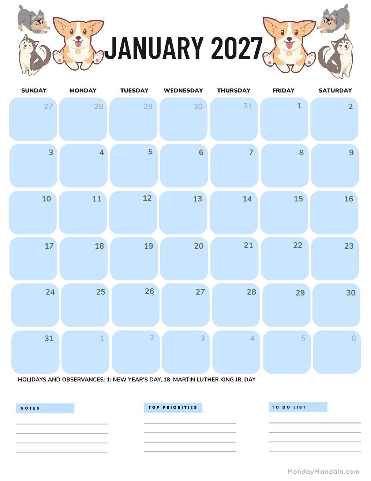 January 2027 Calendar Printable Dogs Portrait