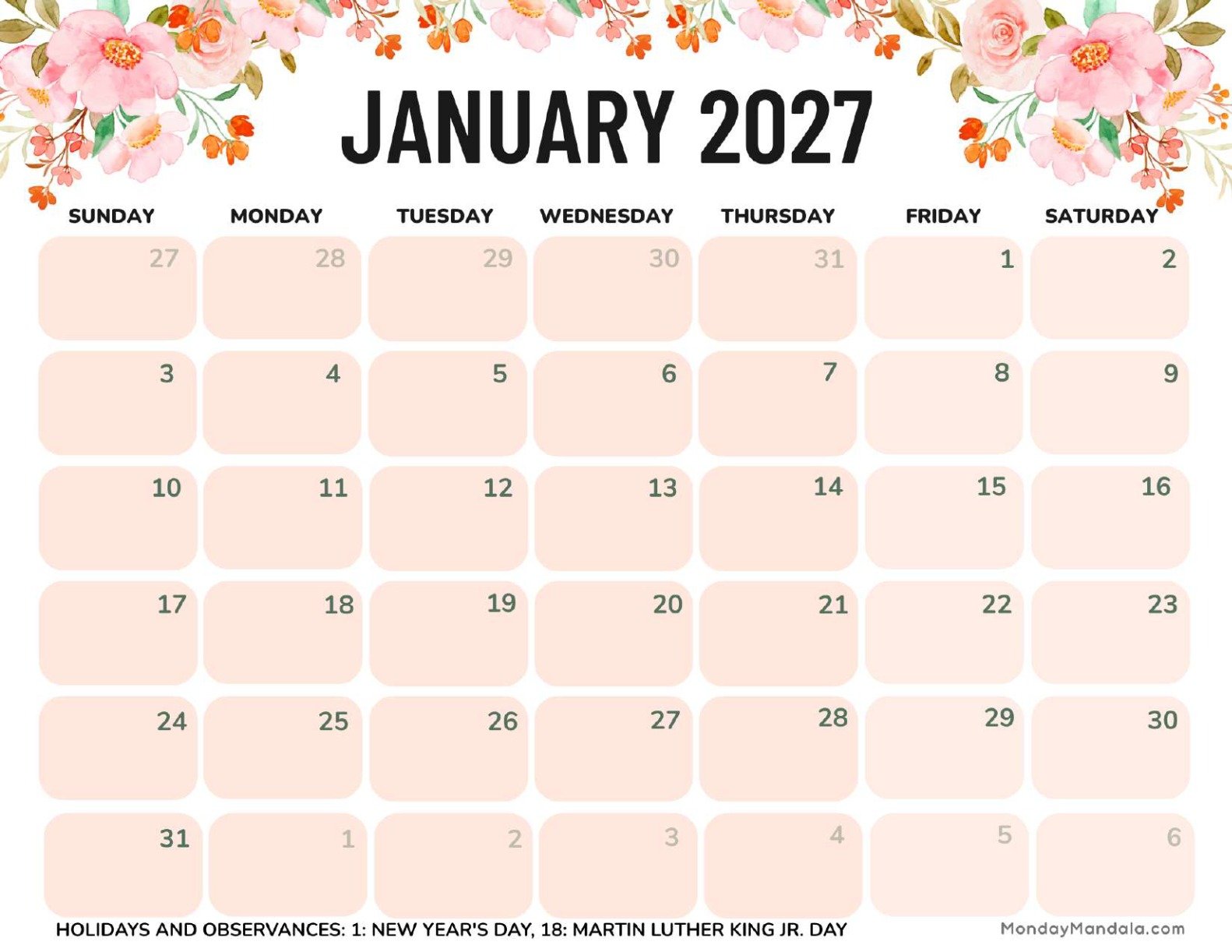 January 2027 Calendar Printable Flowers Landscape