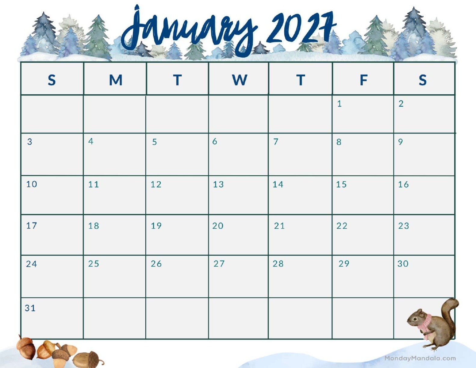 January 2027 Calendar Printable Forest Landscape