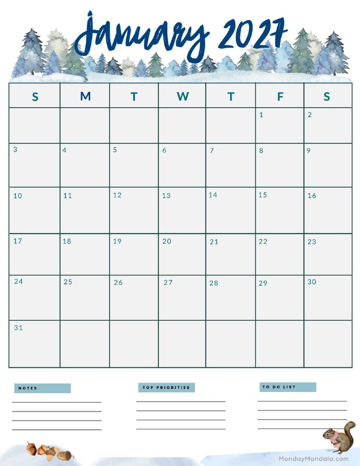 January 2027 Calendar Printable Forest Portrait