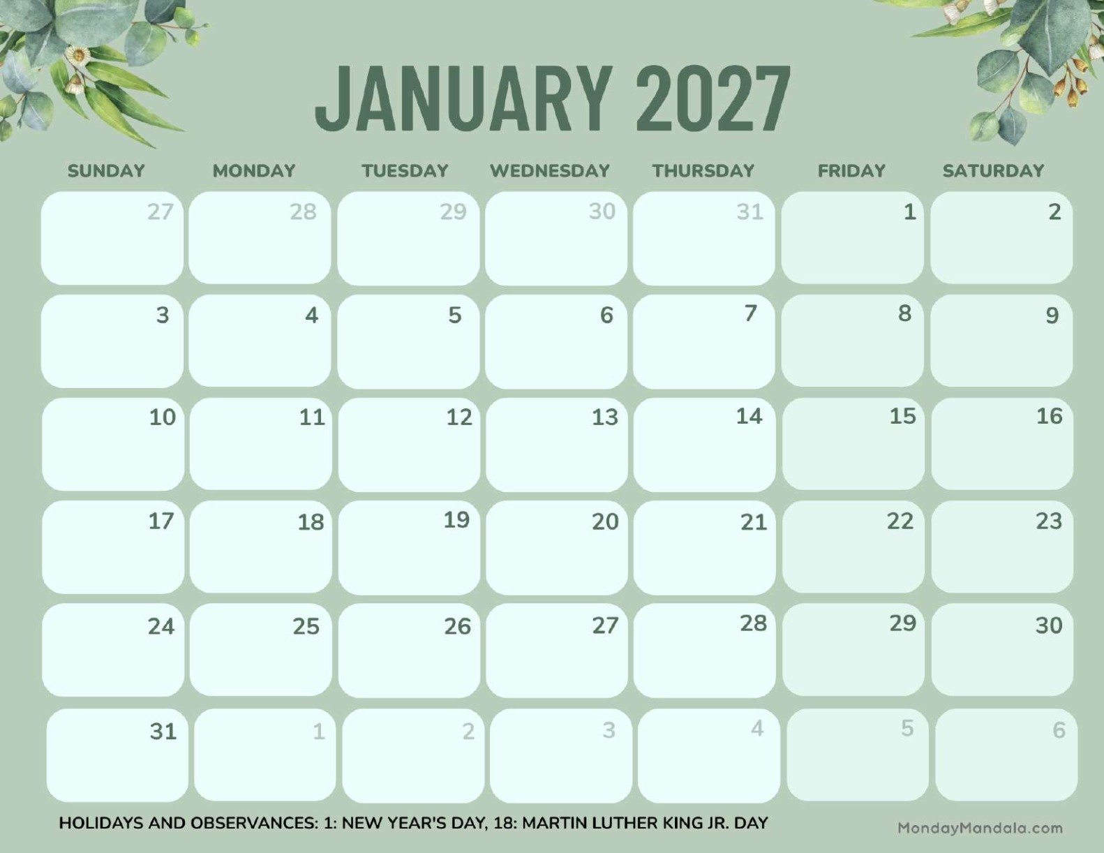 January 2027 Calendar Printable Green Landscape