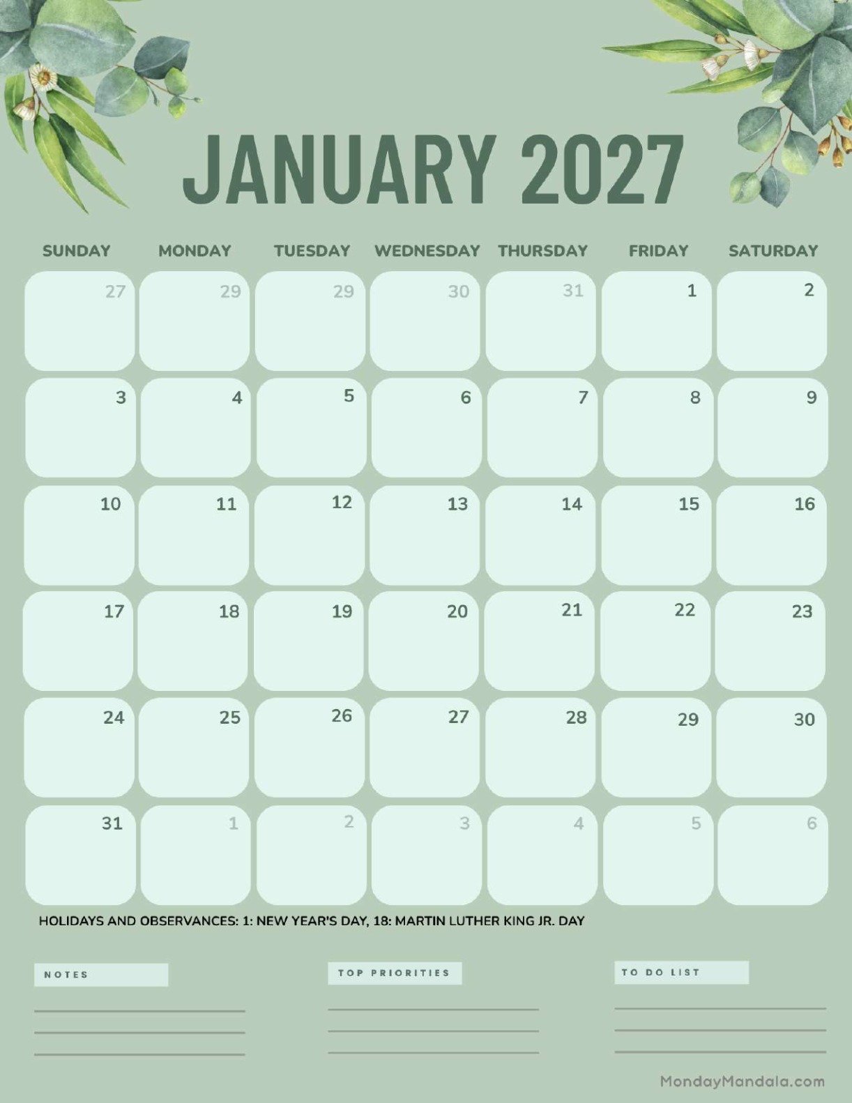 January 2027 Calendar Printable Green Portrait