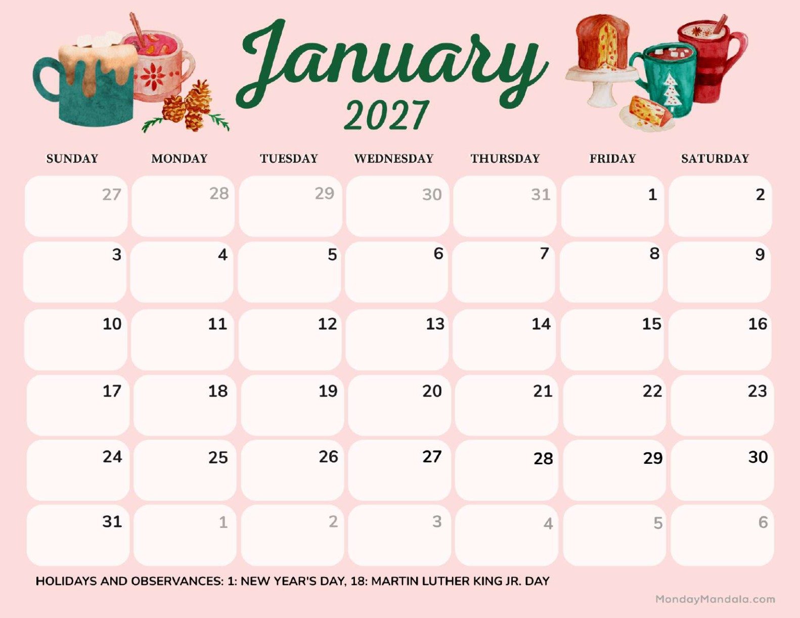 January 2027 Calendar Printable Hot Chocolate Landscape