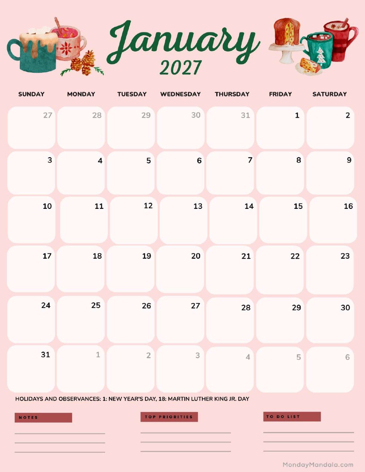 January 2027 Calendar Printable Hot Chocolate Portrait