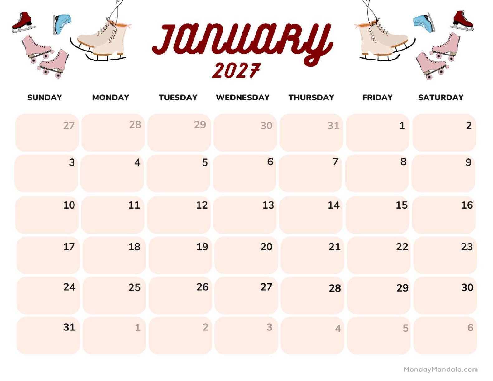 January 2027 Calendar Printable Ice Skates Landscape