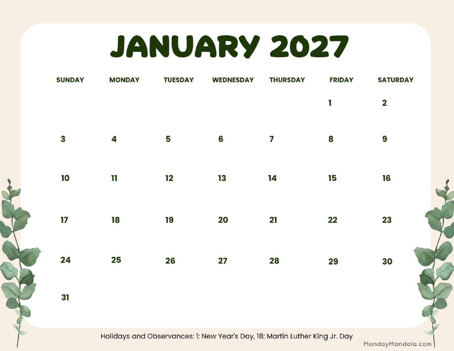 January 2027 Calendar Printable Leaves Landscape