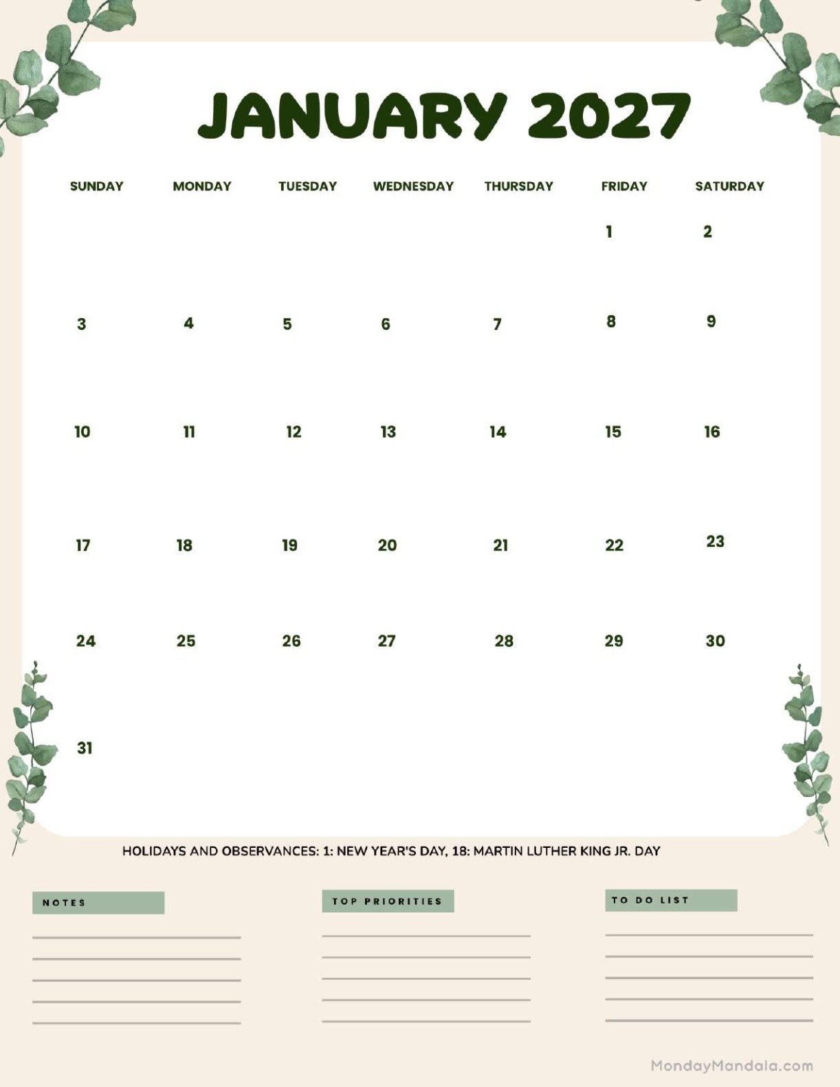 January 2027 Calendar Printable Leaves Portrait