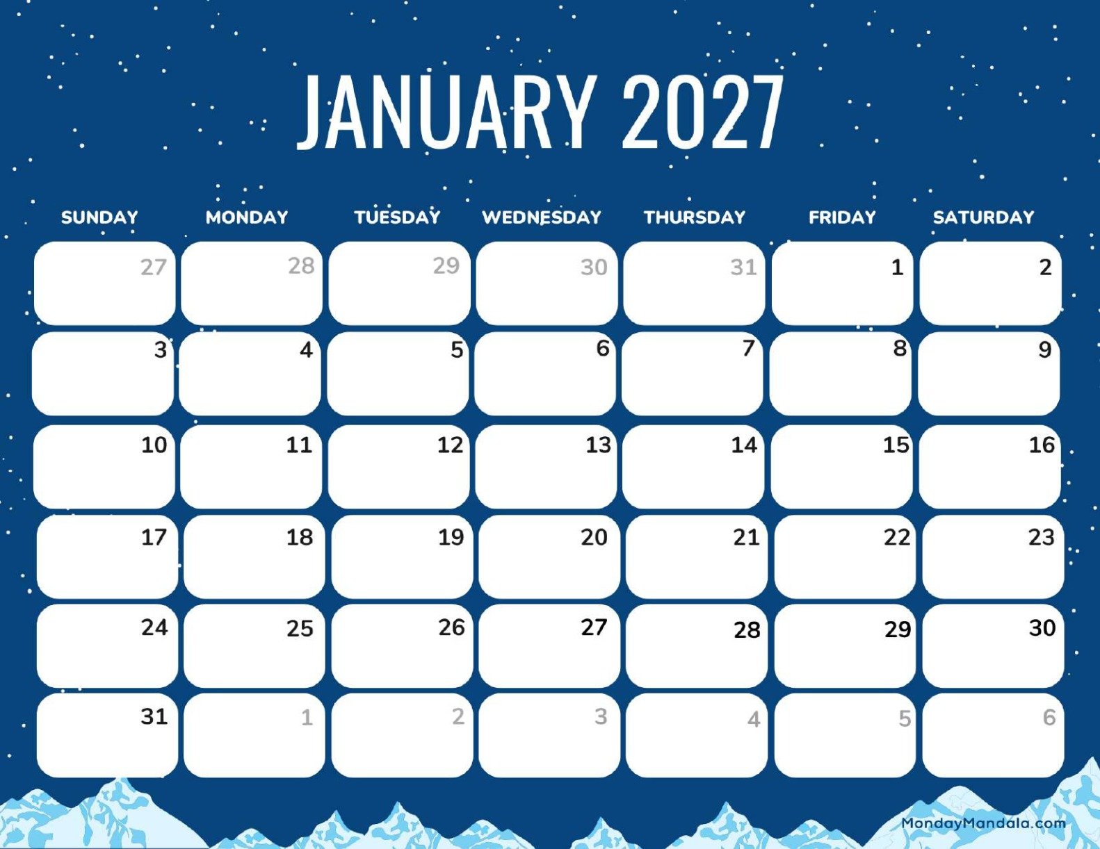 January 2027 Calendar Printable Midnight Landscape