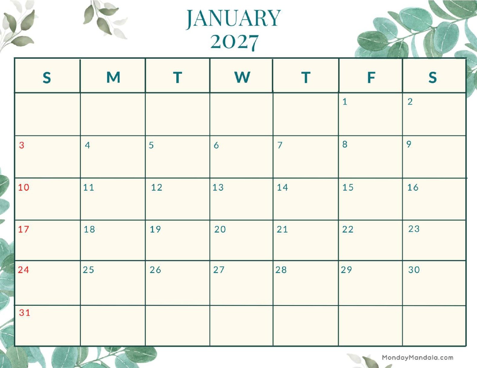January 2027 Calendar Printable Nature Landscape