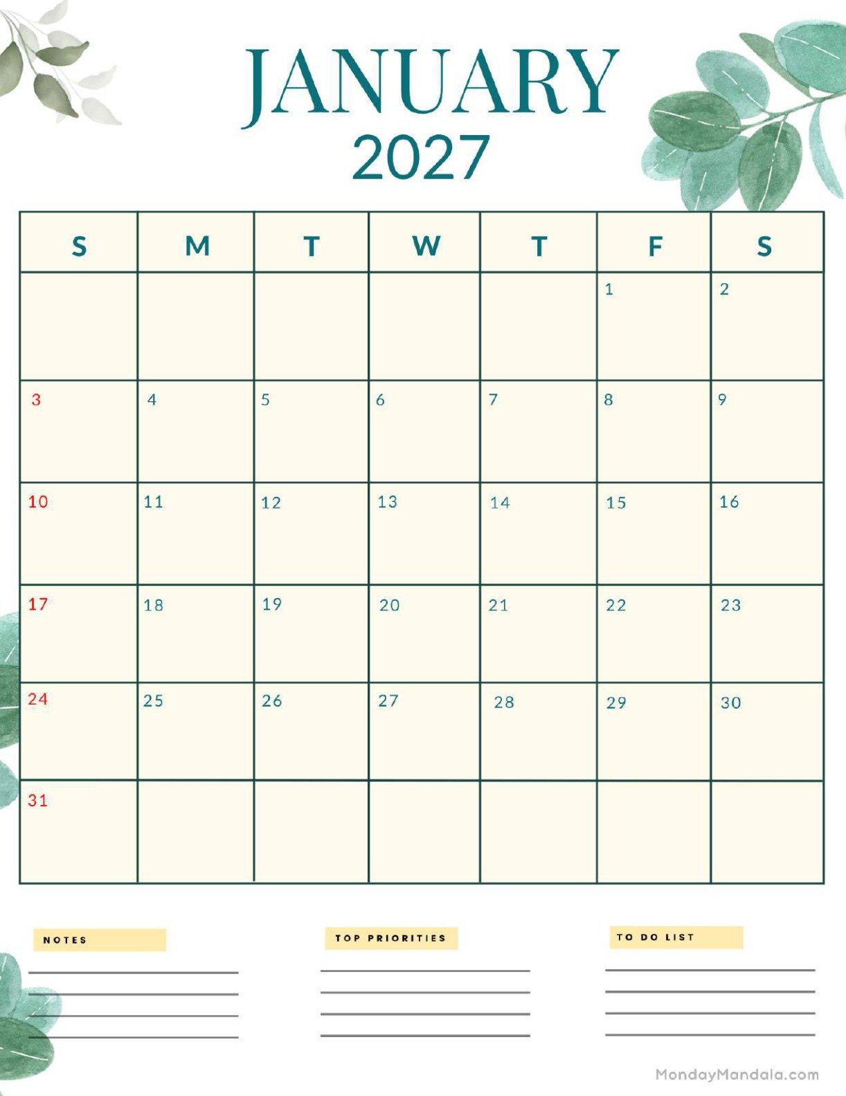 January 2027 Calendar Printable Nature Portrait